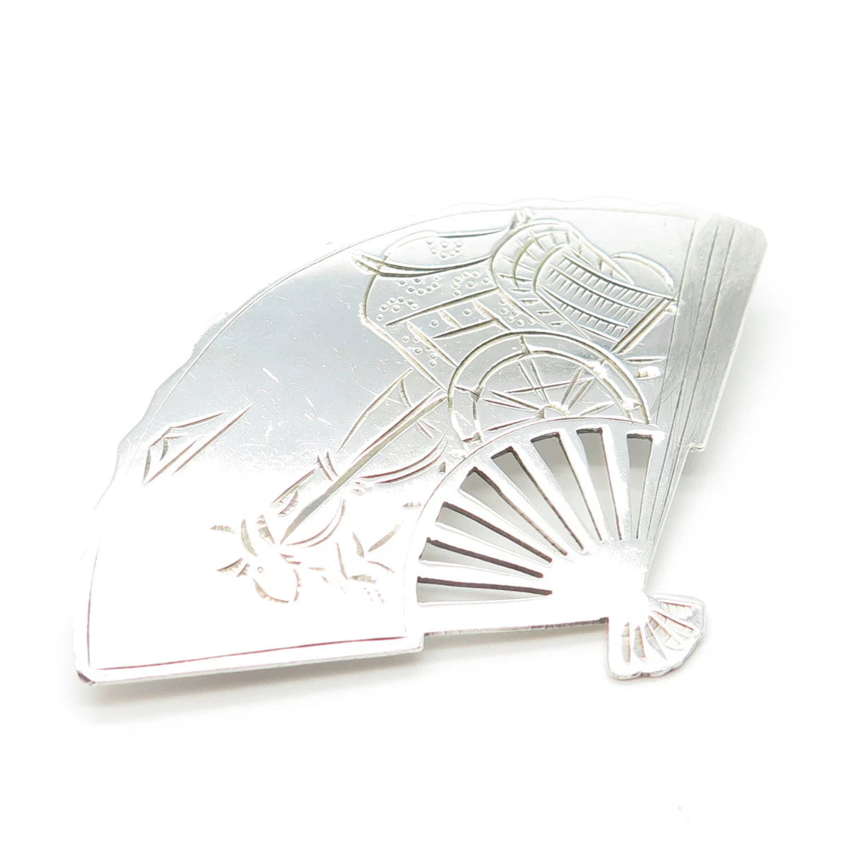 950 Silver Vintage Fan Etched Pin Brooch