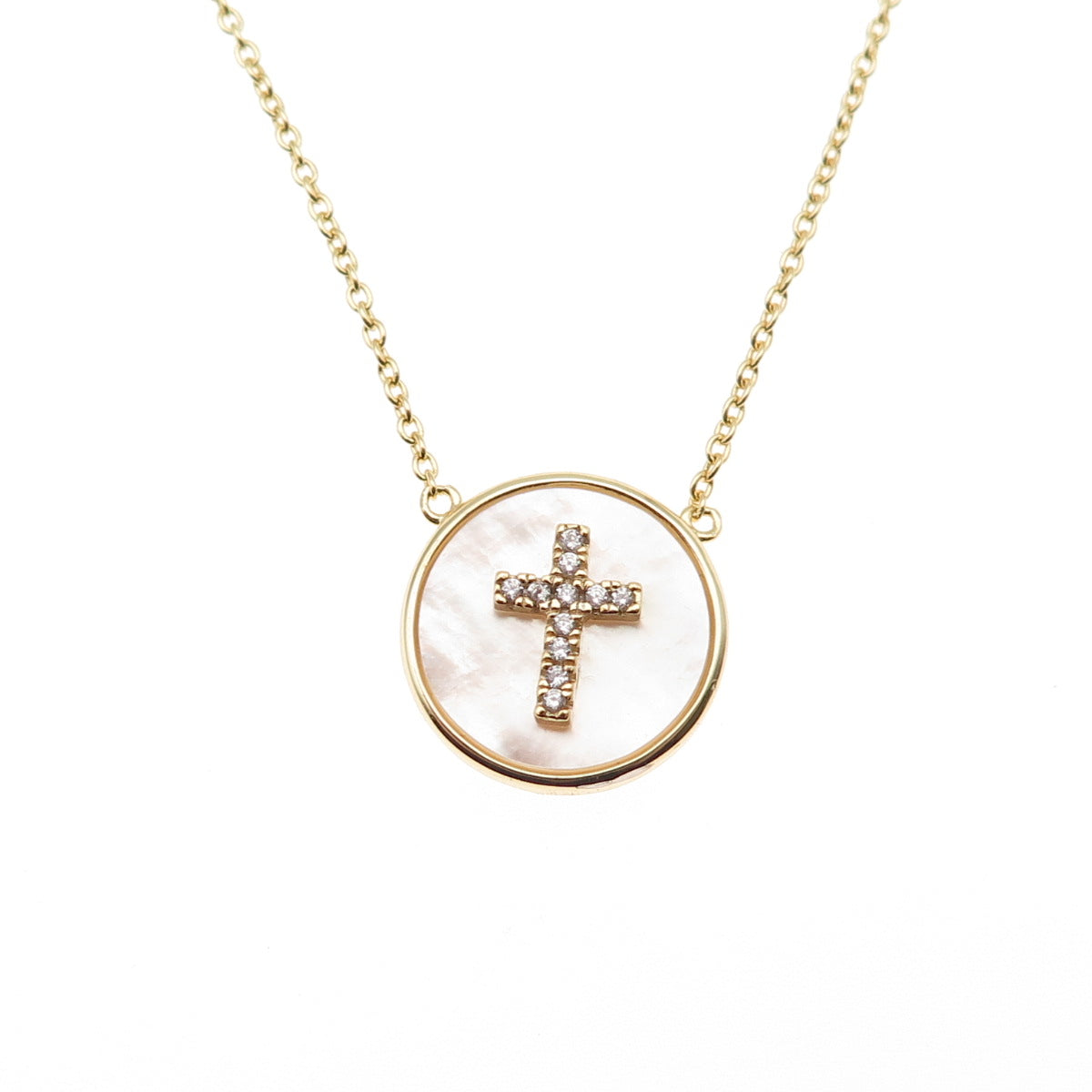 Han 925 Sterling Gold Plated Real MOP & C Z Cross Cable Chain Necklace 16-18"