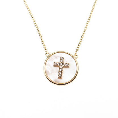 Han 925 Sterling Gold Plated Real MOP & C Z Cross Cable Chain Necklace 16-18"