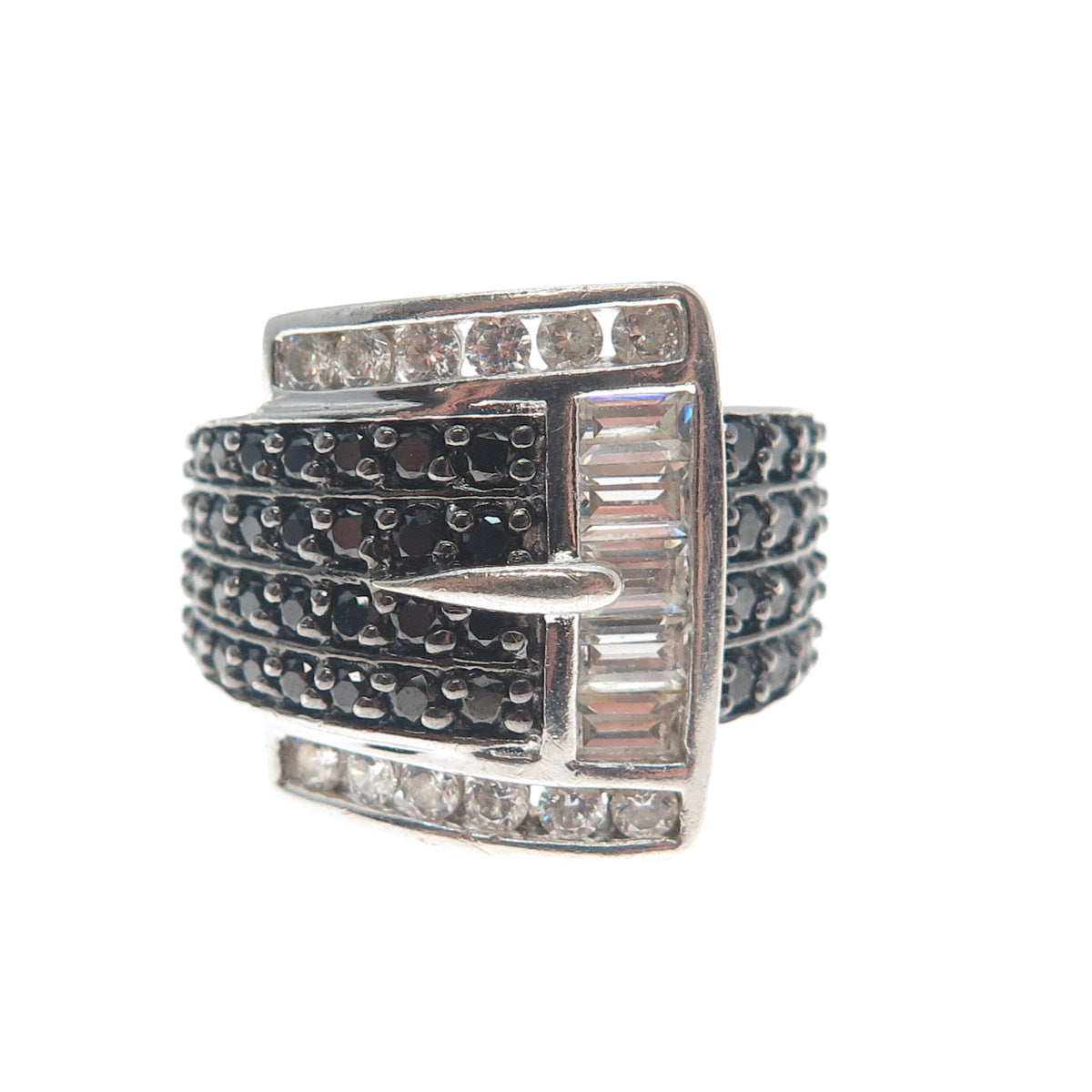 ROSS SIMONS 925 Sterling Silver Real Black Spinel C Z Belt Buckle Ring Size 6.25