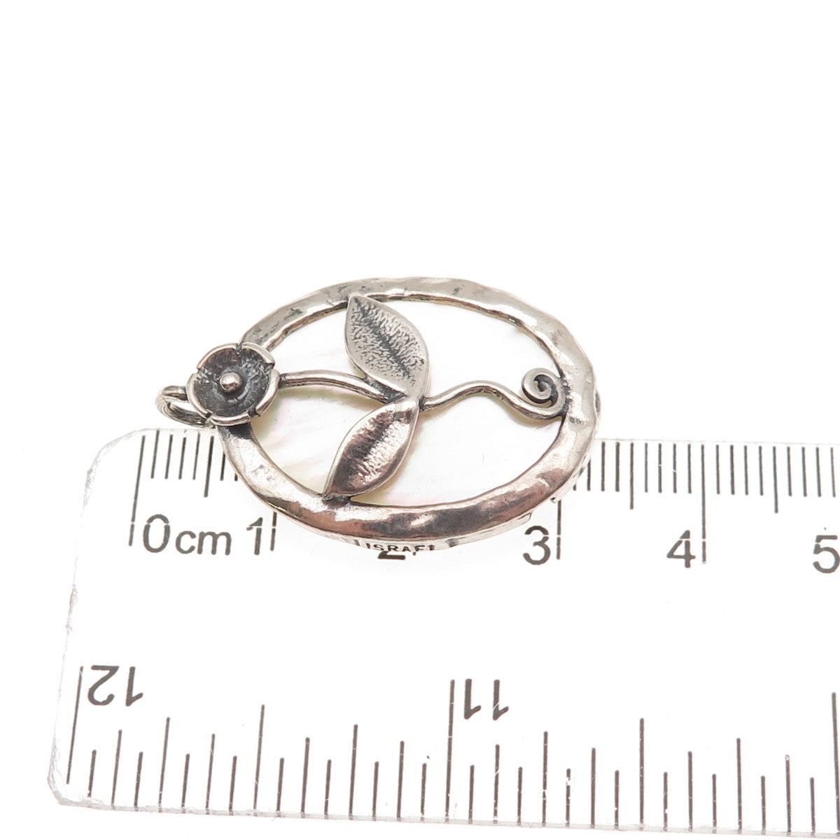 925 Sterling Silver Vintage Israel Real MOP Floral Oxidized Charm Pendant