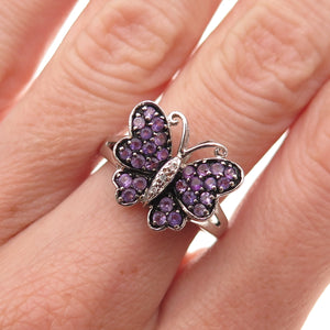 Jane Seymour 925 Sterling Silver Real Diamond Amethyst Butterfly Ring Size 6.75