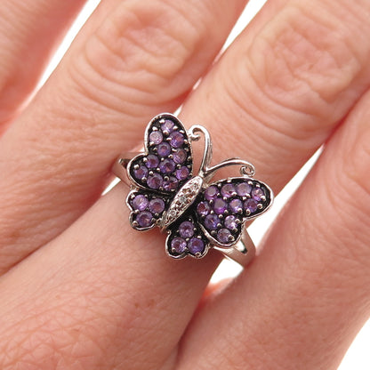Jane Seymour 925 Sterling Silver Real Diamond Amethyst Butterfly Ring Size 6.75