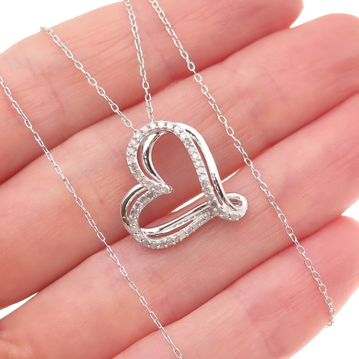 925 Sterling Silver Real Round-Cut Diamond Heart Cable Chain Necklace 20"