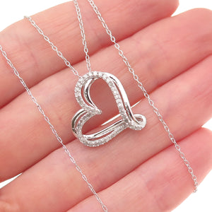 925 Sterling Silver Real Round-Cut Diamond Heart Cable Chain Necklace 20"