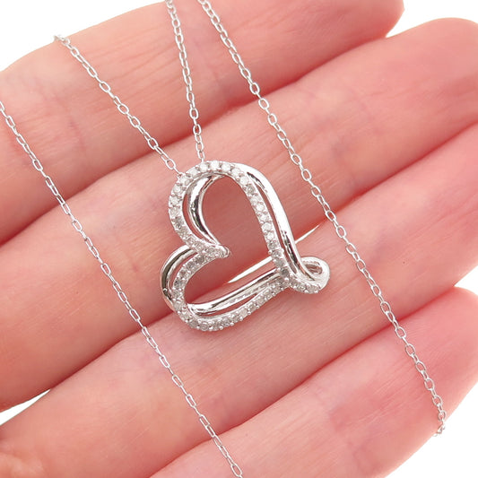 925 Sterling Silver Real Round-Cut Diamond Heart Cable Chain Necklace 20"