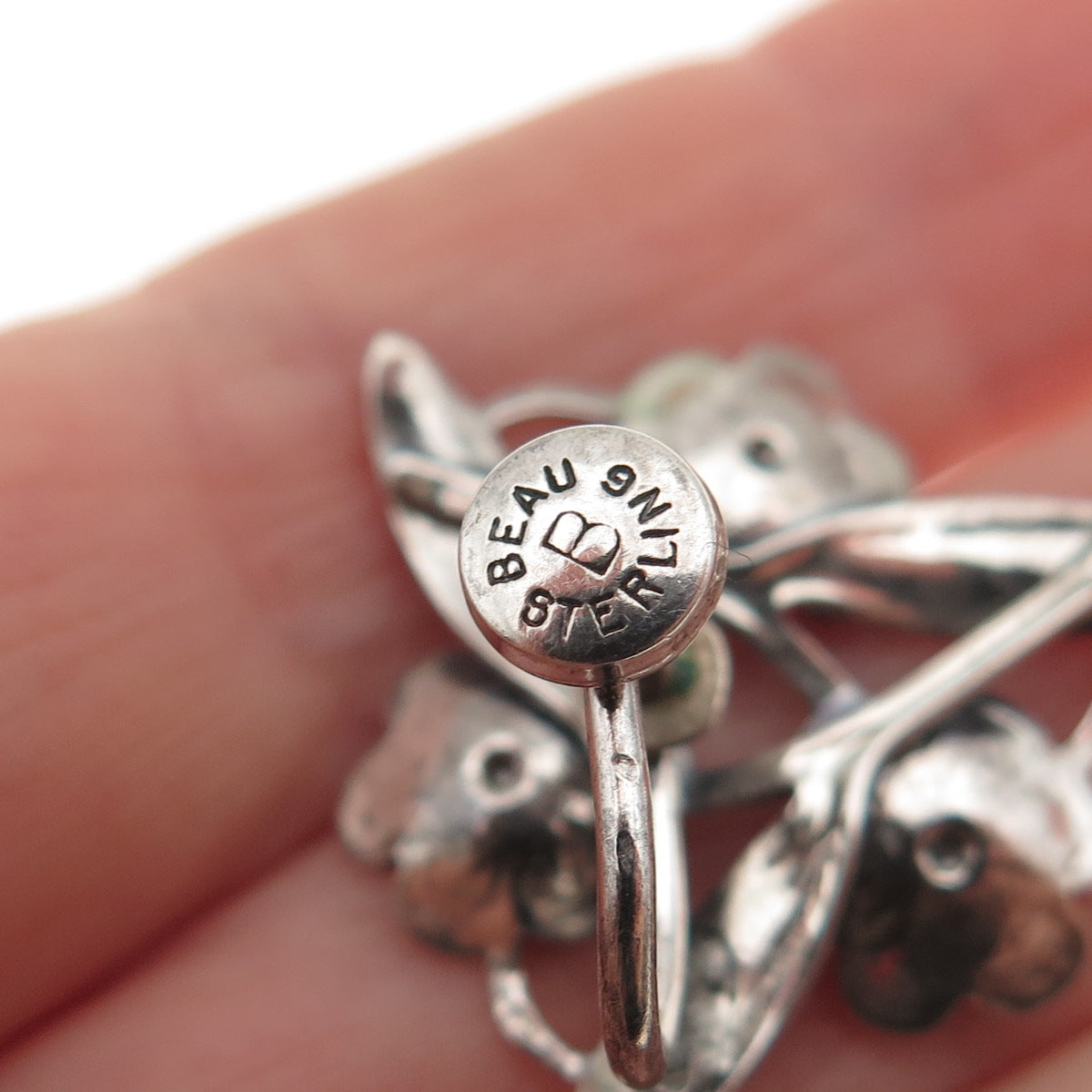 BEAU 925 Sterling Silver Antique Art Deco Flower Oxidized Screw Back Earrings