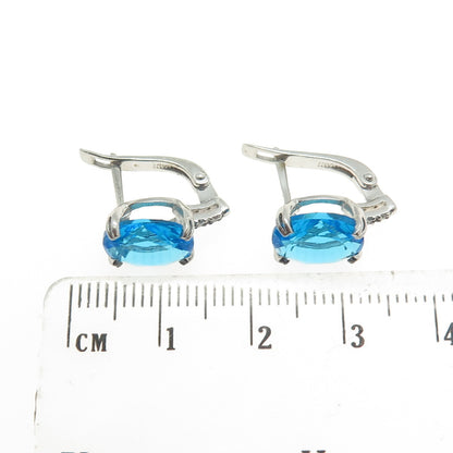 925 Sterling Silver Vintage European Oval-Cut Blue & White C Z Earrings