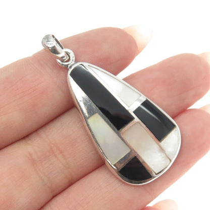 925 Sterling Silver Vintage Mother-of-Pearl & Black Onyx Gem Inlay Pendant