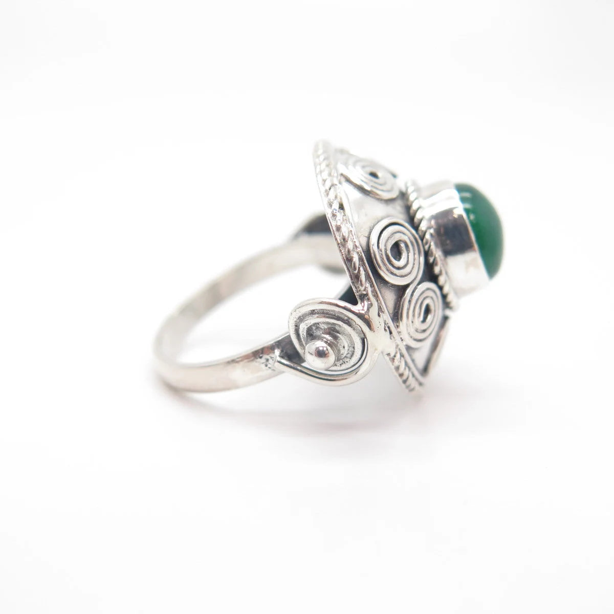 925 Sterling Silver Vintage Real Green Onyx Gem Swirl Round Ring Size 7.75