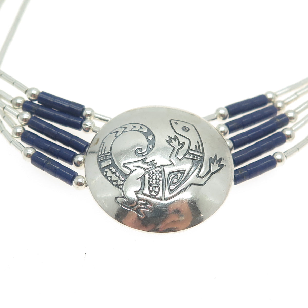 Old Pawn Sterling Silver Lapis Lazuli Lizard Concho 5-Liquid Link Bracelet 7.25"