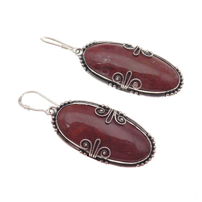 925 Sterling Silver Vintage Real Red Jasper Floral Oxidized Dangle Earrings