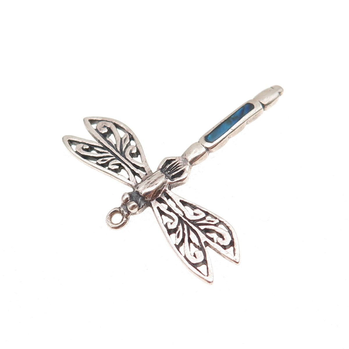 925 Sterling Silver Vintage Real Abalone Shell Dragonfly Oxidized Charm Pendant