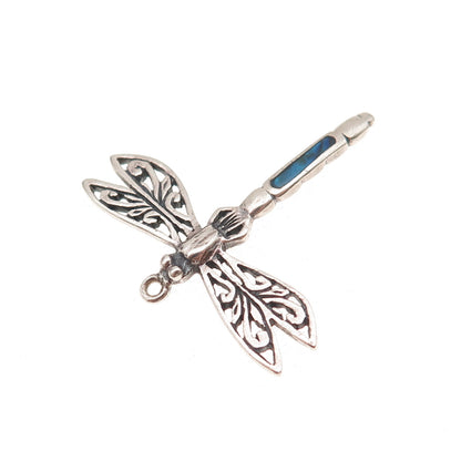 925 Sterling Silver Vintage Real Abalone Shell Dragonfly Oxidized Charm Pendant