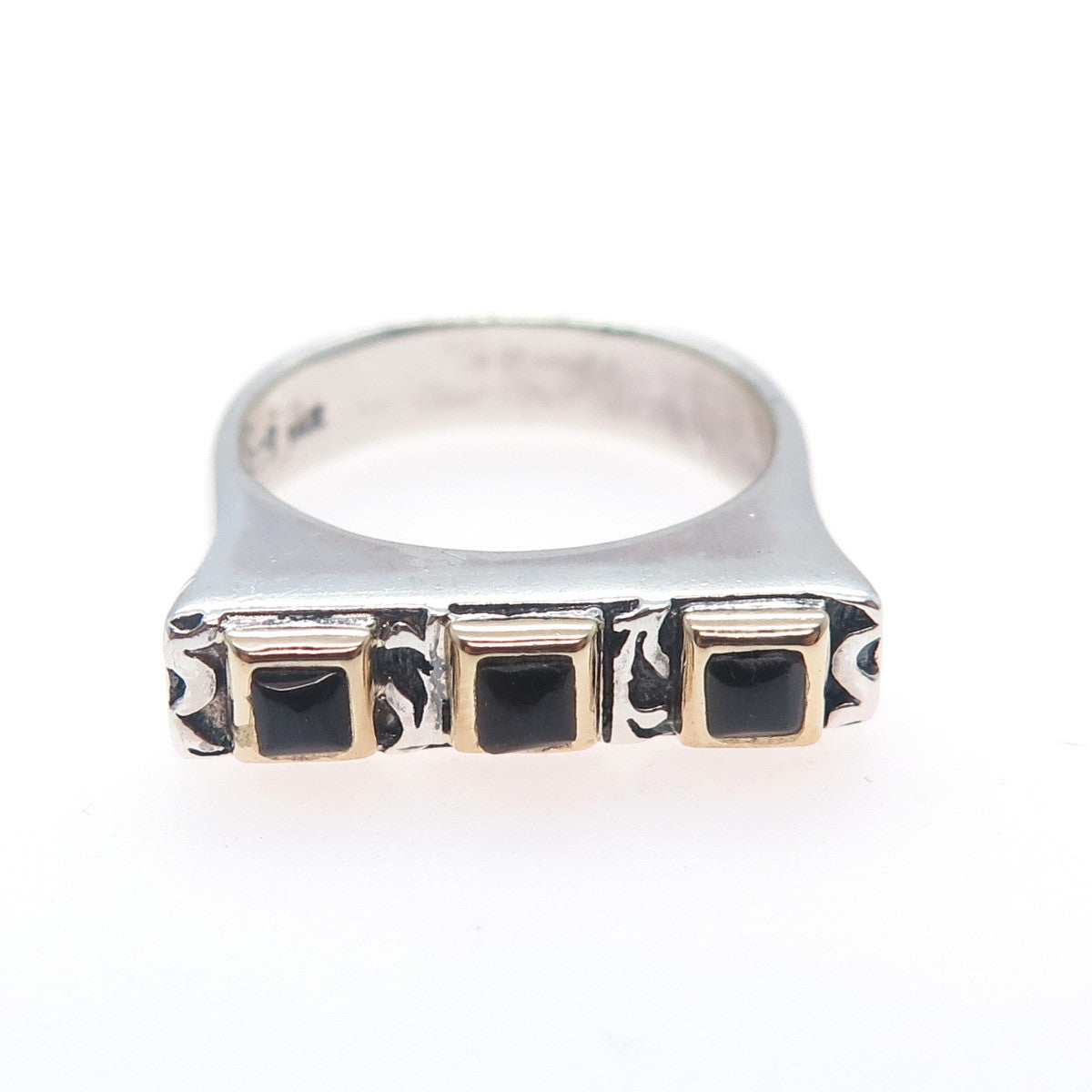 925 Sterling Silver 14K Gold Vintage Real Black Onyx Modernist Ring Size 8