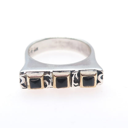 925 Sterling Silver 14K Gold Vintage Real Black Onyx Modernist Ring Size 8