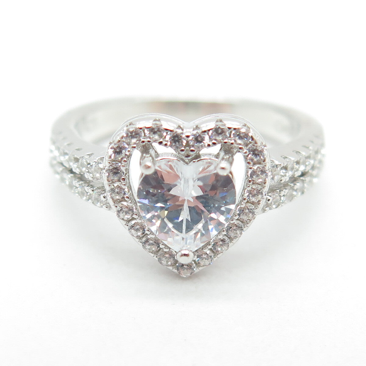 925 Sterling Silver Round & Heart-Cut C Z Promise Ring Size 5