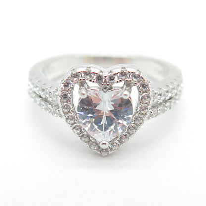 925 Sterling Silver Round & Heart-Cut C Z Promise Ring Size 5