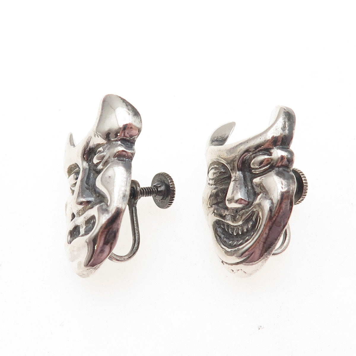 925 Sterling Silver Vintage Comedy & Tragedy Devil Masks Screw Back Earrings