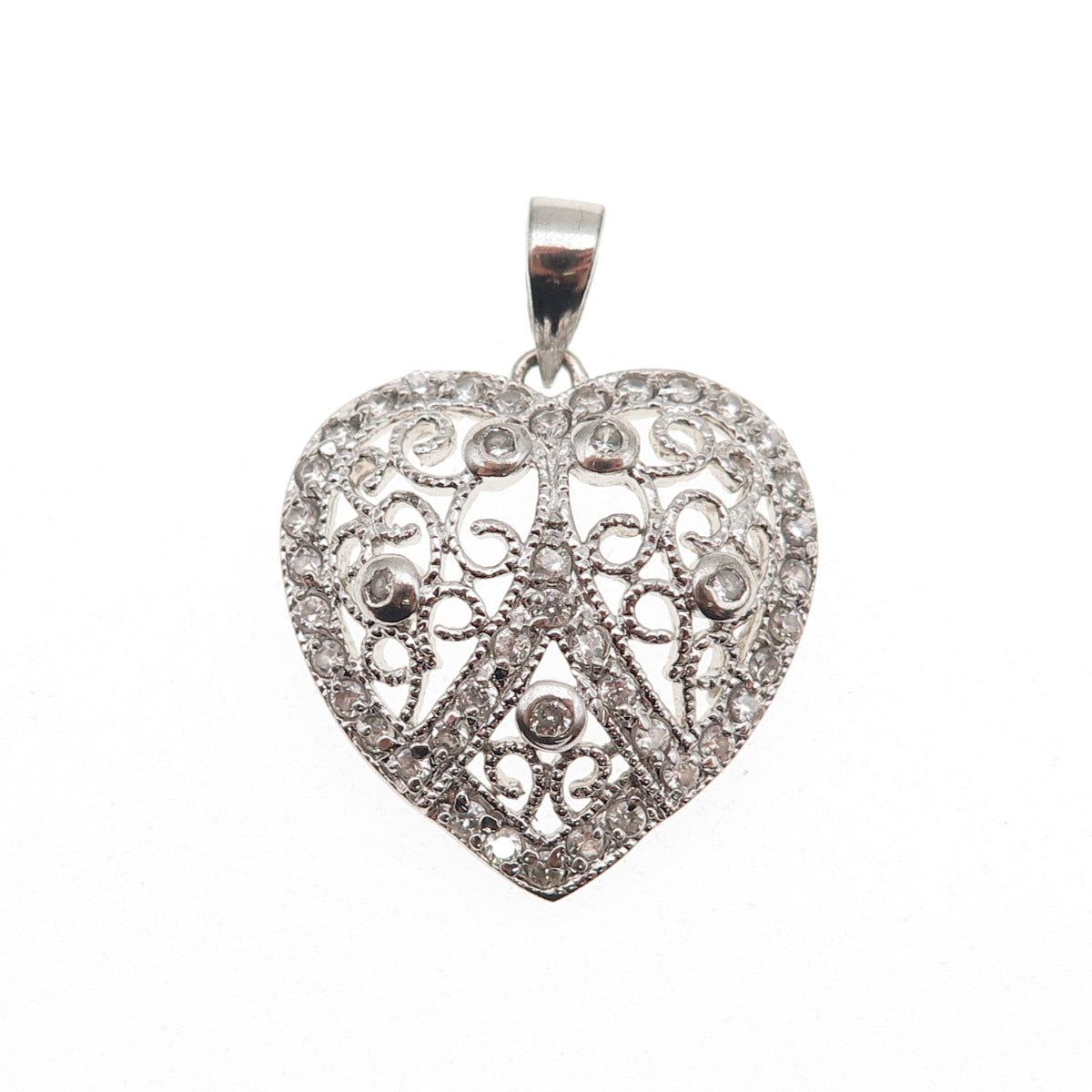 925 Sterling Silver Round-Cut C Z Floral Heart Charm Pendant