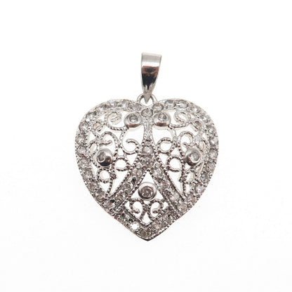 925 Sterling Silver Round-Cut C Z Floral Heart Charm Pendant