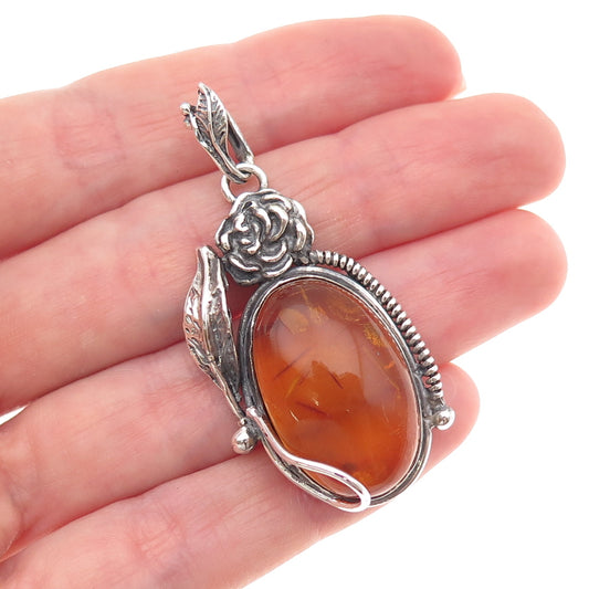925 Sterling Silver Vintage Real Amber Rose Floral Oxidized Charm Pendant