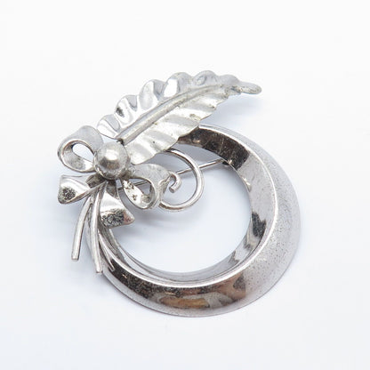 925 Sterling Silver Antique Van Dell Leaf Bow Circle Pin Brooch