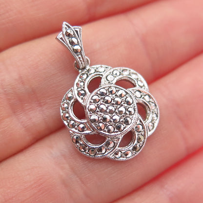 925 Sterling Silver Antique Art Deco Real Marcasite Flower Charm Pendant