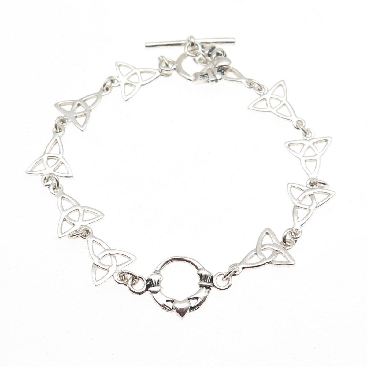 925 Sterling Silver Vintage Irish Claddagh Trinity Knot Link Bracelet 7.5"