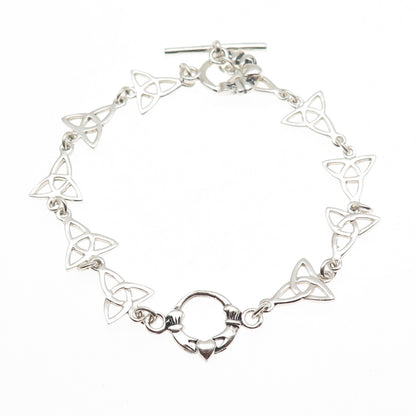 925 Sterling Silver Vintage Irish Claddagh Trinity Knot Link Bracelet 7.5"