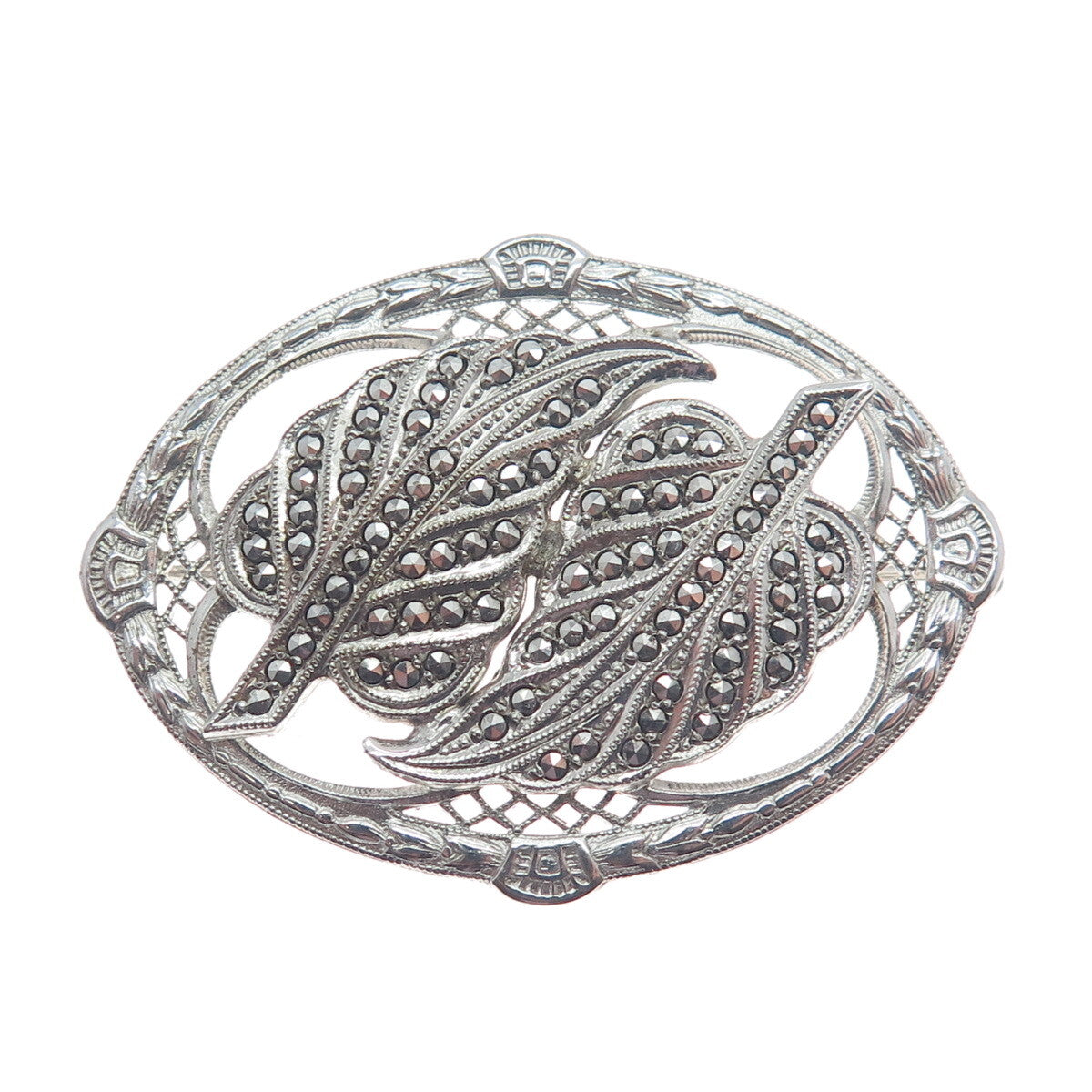 925 Sterling Silver Antique Art Deco Real Marcasite Gem Floral Leaf Pin Brooch