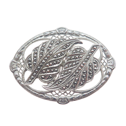 925 Sterling Silver Antique Art Deco Real Marcasite Gem Floral Leaf Pin Brooch