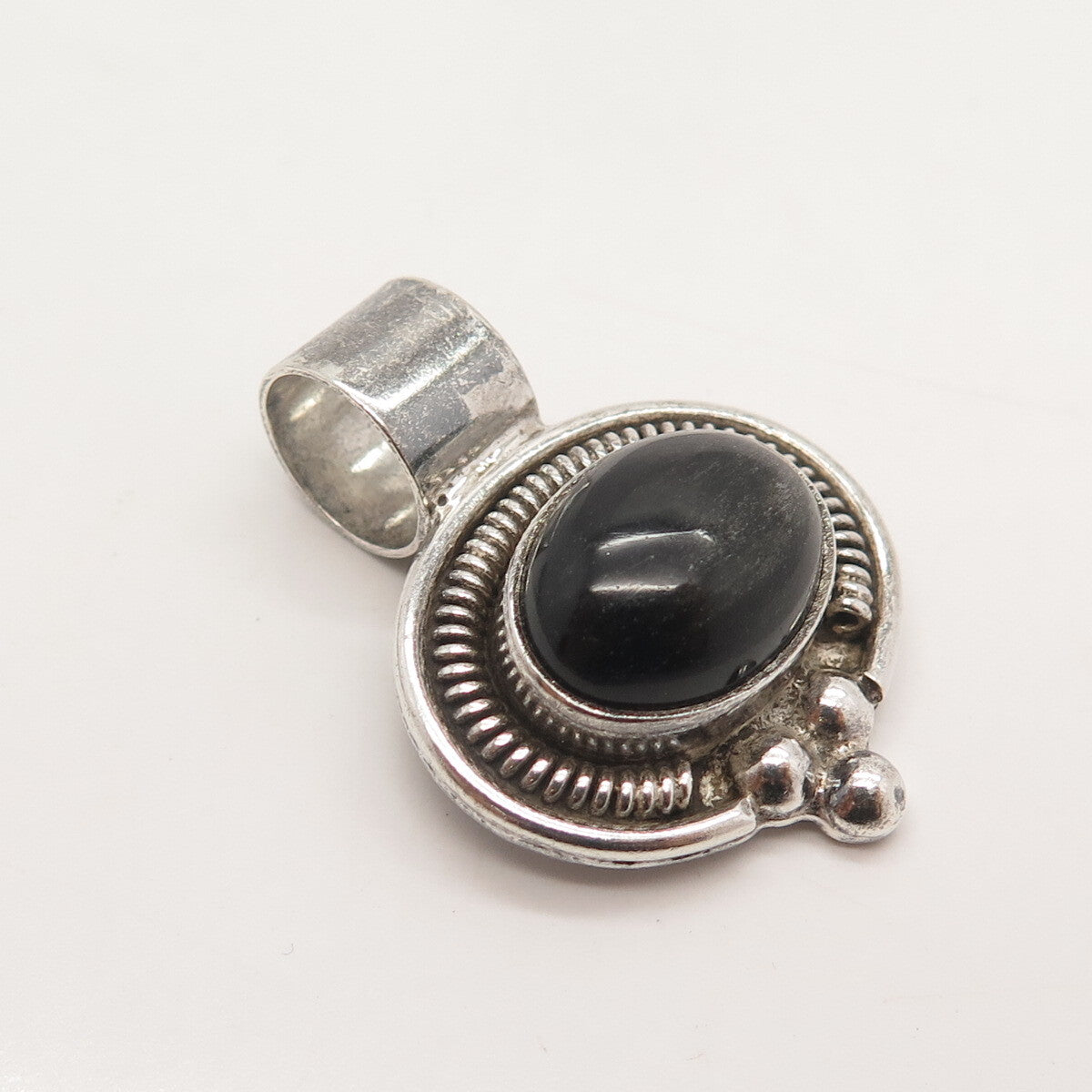 925 Sterling Silver Vintage Real Black Onyx Gem Beaded Slide Pendant