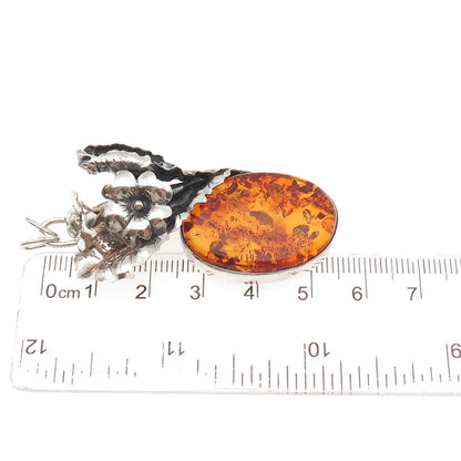 925 Sterling Silver Vintage Real Amber Modernist Floral Oxidized Slide Pendant