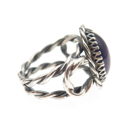 925 Sterling Silver Vintage Real Amethyst Modernist Oxidized Ring Size 6.75