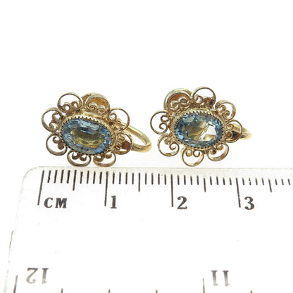 1/20 12K Gold Filled Antique Blue Oval-Cut Shaped C Z Ornate Screw Back Earrings