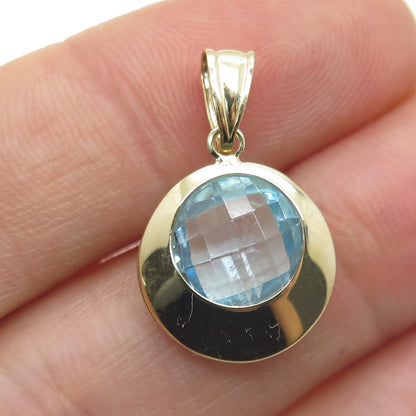 14K Yellow Gold Real Round-Cut Blue Topaz Disc Charm Pendant