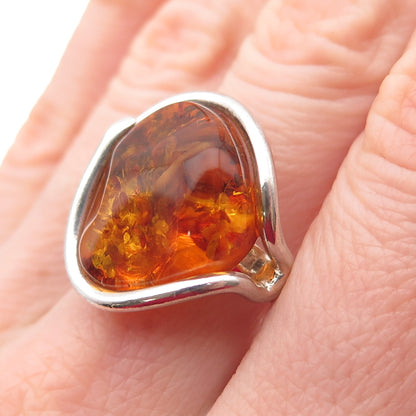 925 Sterling Silver Vintage Real Amber Modernist Ring Size 9.25