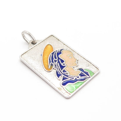 925 Sterling Silver Vintage Enamel Textured Virgin Mary Rectangle Pendant