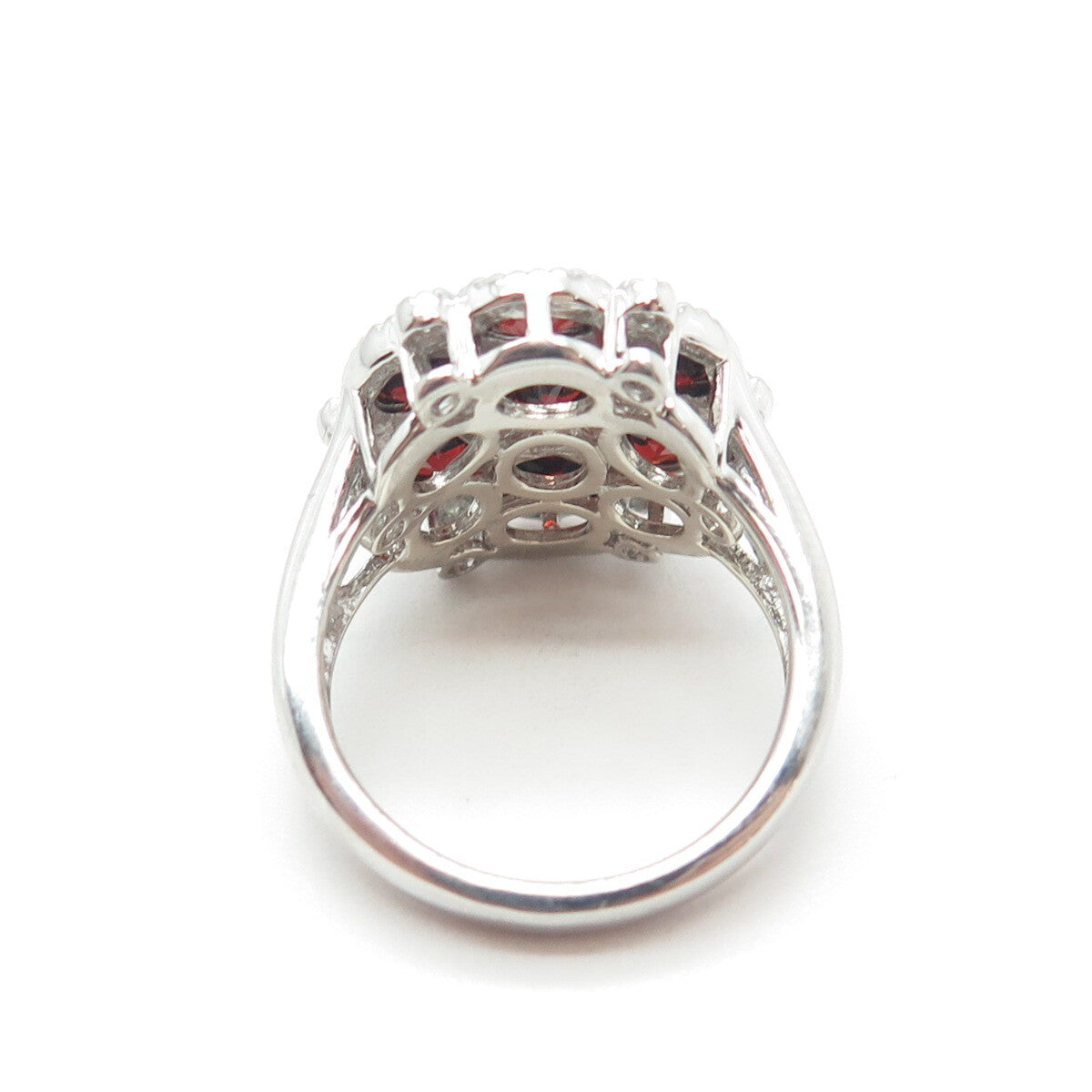 925 Sterling Silver Real White Topaz & Red Garnet Gemstone Ring Size 7.25
