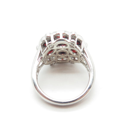 925 Sterling Silver Real White Topaz & Red Garnet Gemstone Ring Size 7.25