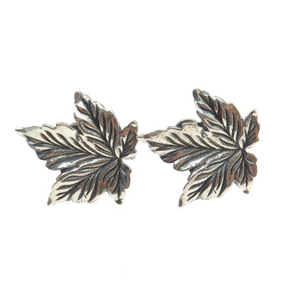 BEAU 925 Sterling Silver Antique Art Deco Maple Leaf Screw Back Earrings