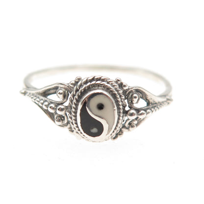 925 Sterling Silver Vintage Real Black & White Onyx Yin Yang Ring Size 8