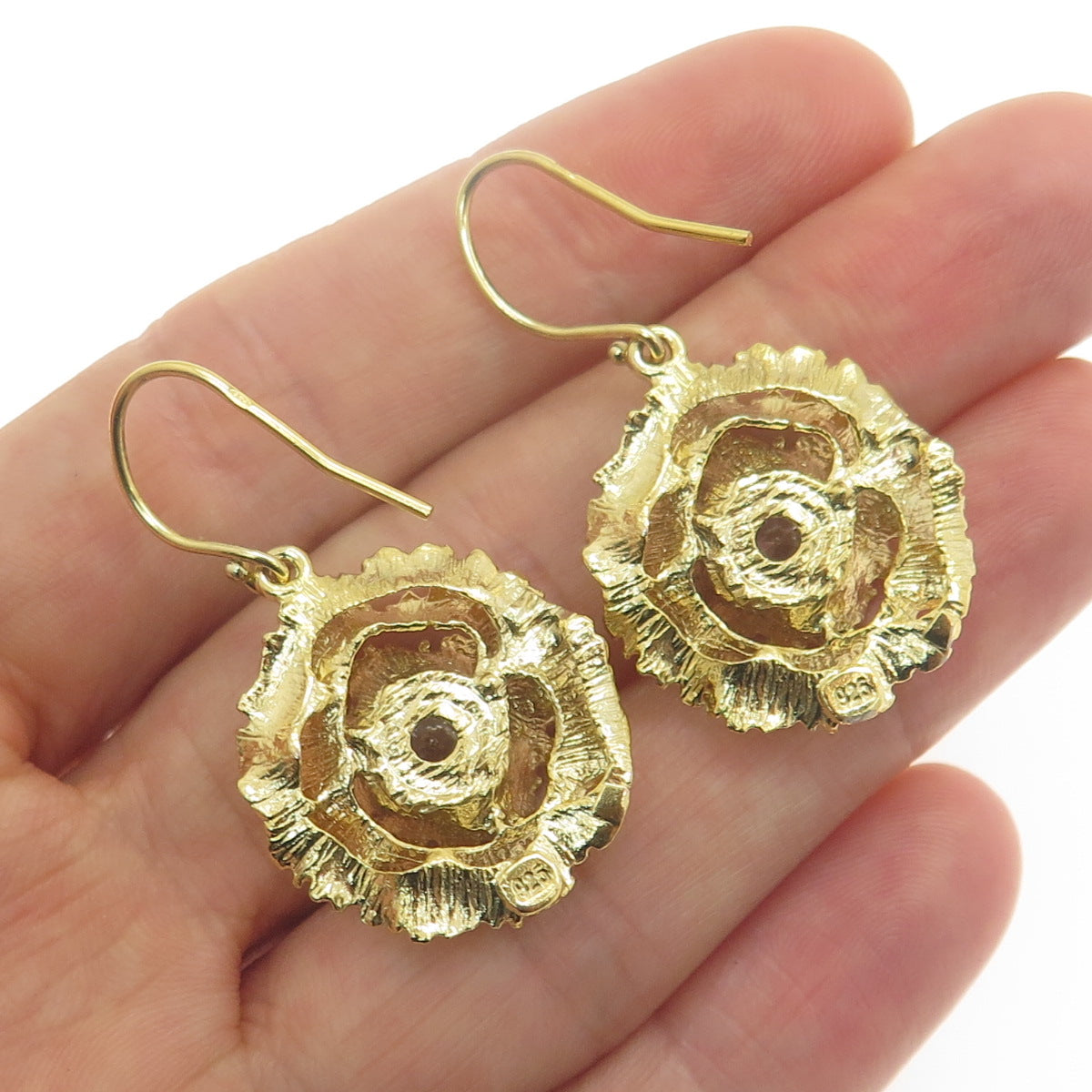 925 Sterling Silver Gold Plated Round-Cut C Z Flower Dangle Earrings