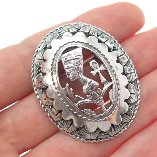 800 Silver Vintage Nefertiti Egyptian Pharaoh Oxidized Pin Brooch / Pendant