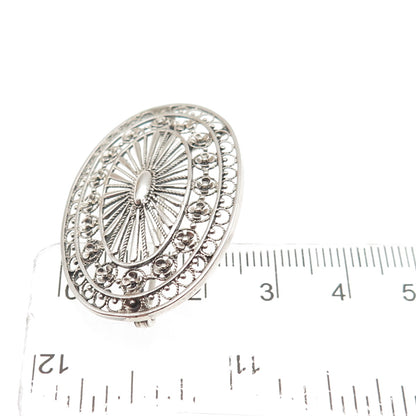 925 Sterling Silver Vintage Floral Filigree Oxidized Pin Brooch