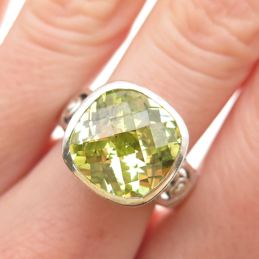925 Sterling Silver Vintage Cushion-Cut Green C Z Ornate Ring Size 8.75