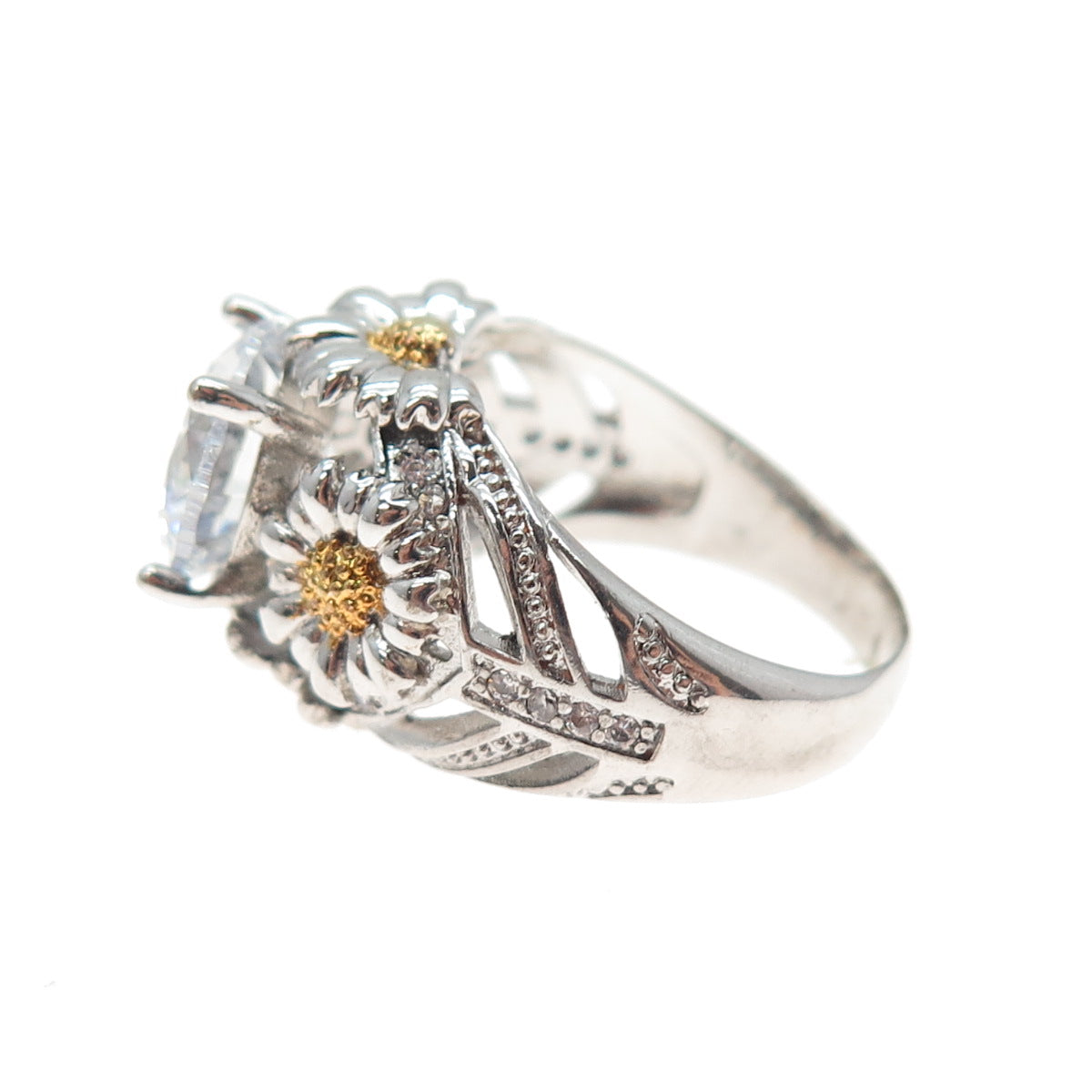 925 Sterling Silver 2-Tone Round-Cut C Z Daisy Flower Ring Size 8.25