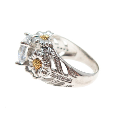 925 Sterling Silver 2-Tone Round-Cut C Z Daisy Flower Ring Size 8.25