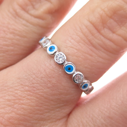 925 Sterling Silver Enamel & C Z Evil's Eye All Around Band Ring Size 7